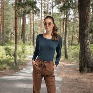 Women Shirt OLD NAVY Essential Rib T-Shirt Grey Long Sleeve Tee Crew Neck Top